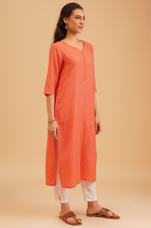 Orange Textured Rayon Straight Kurta with Lace