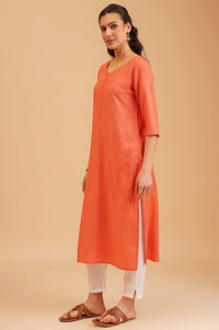 Orange Textured Rayon Straight Kurta with Lace