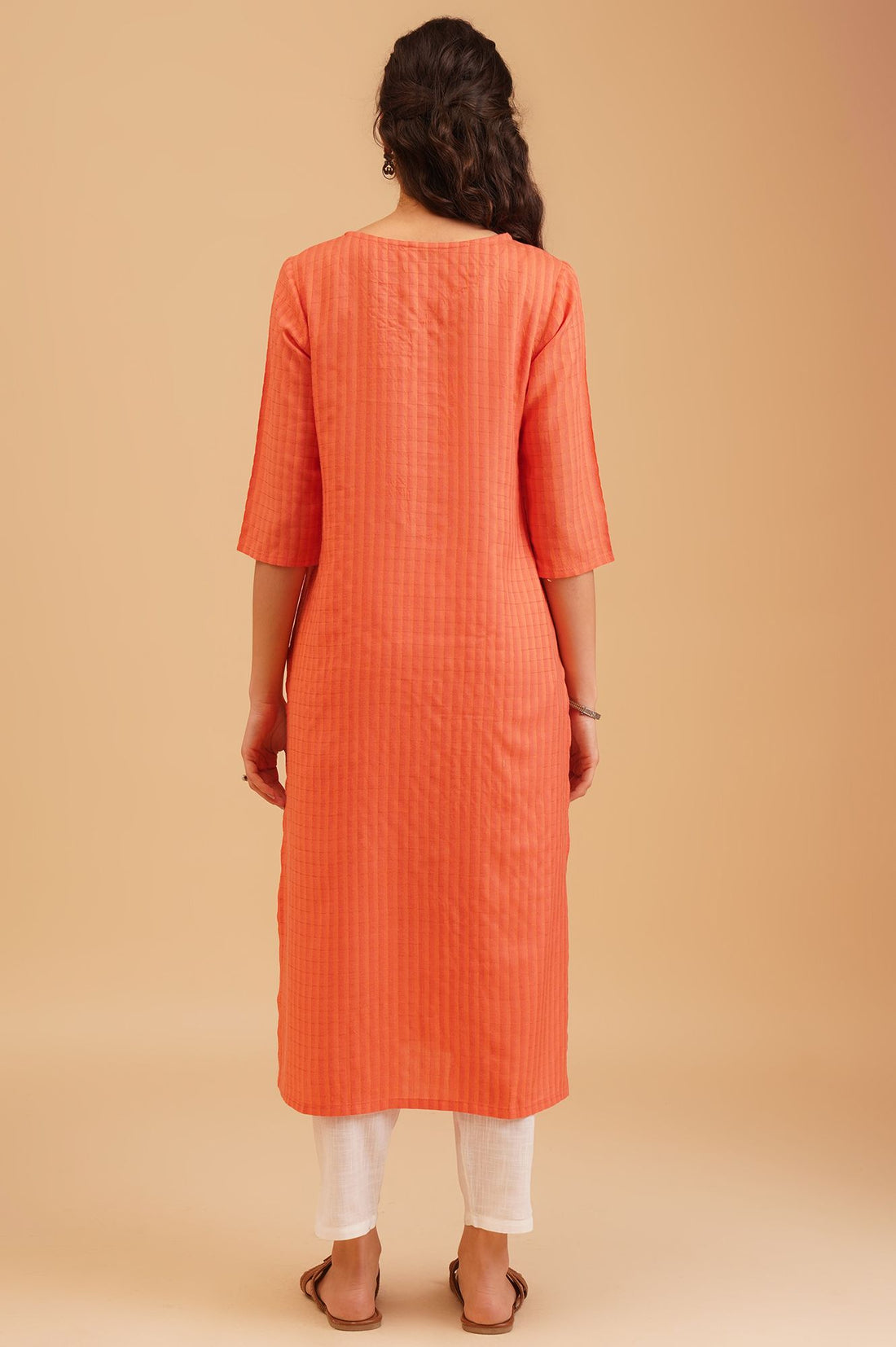Orange Textured Rayon Straight Kurta with Lace