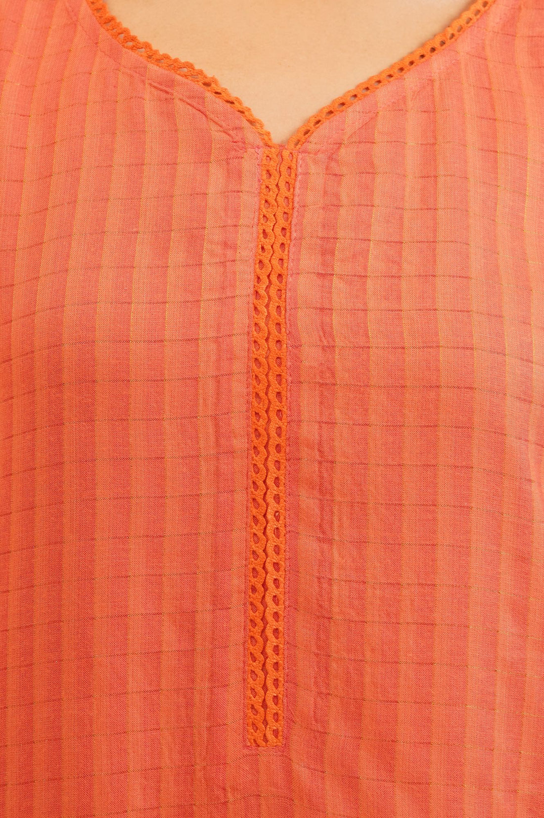 Orange Textured Rayon Straight Kurta with Lace