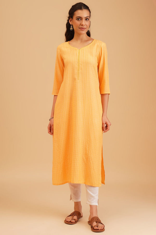 Yellow Textured Rayon Straight Kurta with Lace