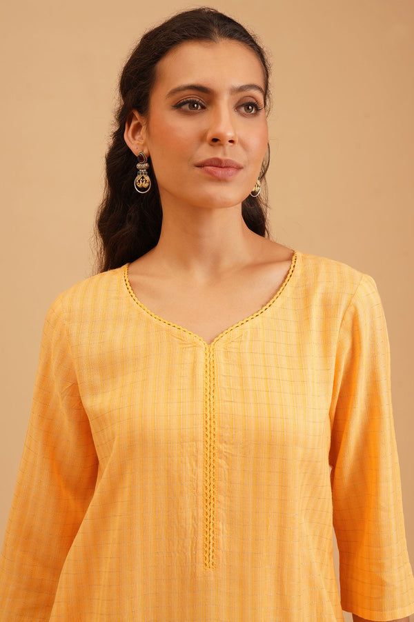 Yellow Textured Rayon Straight Kurta with Lace