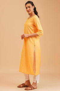 Yellow Textured Rayon Straight Kurta with Lace