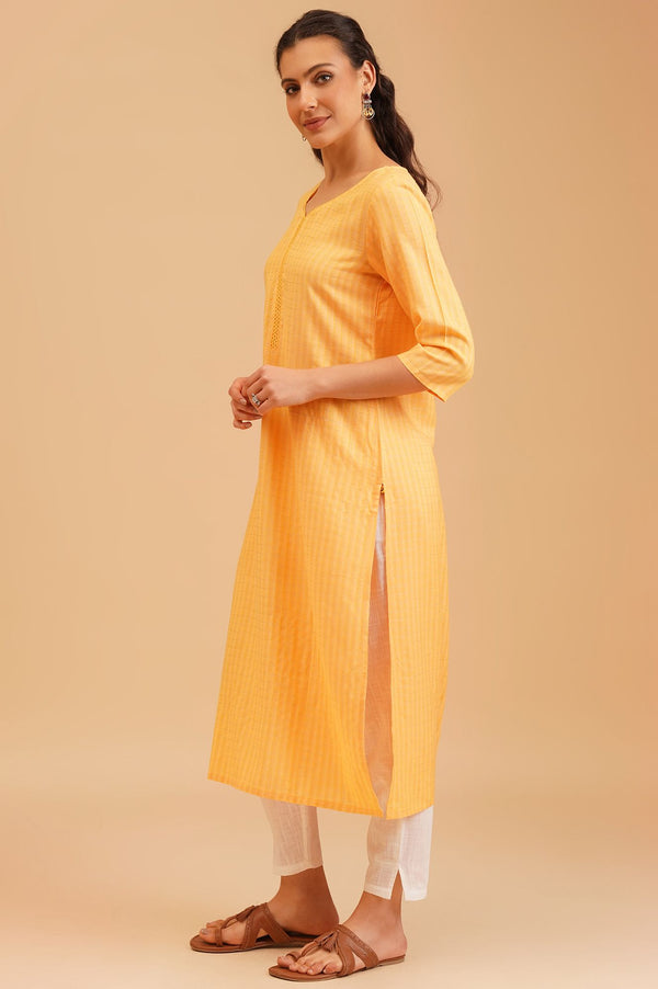 Yellow Textured Rayon Straight Kurta with Lace