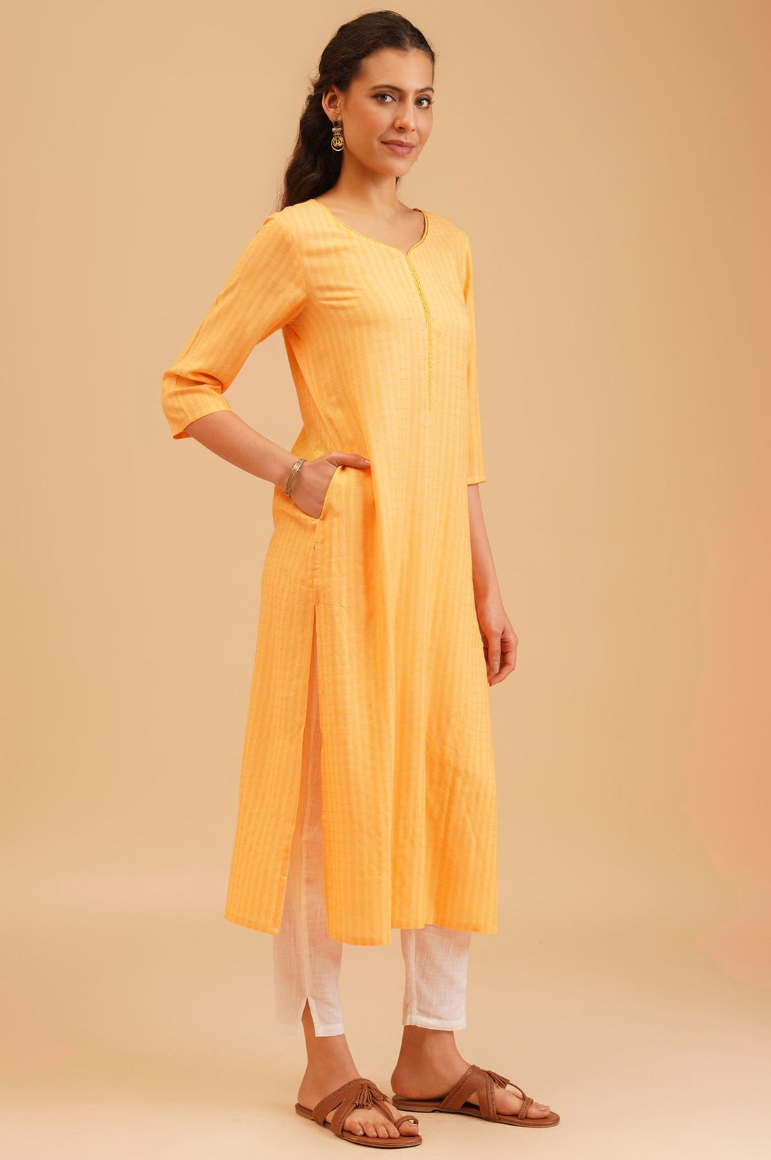 Yellow Textured Rayon Straight Kurta with Lace