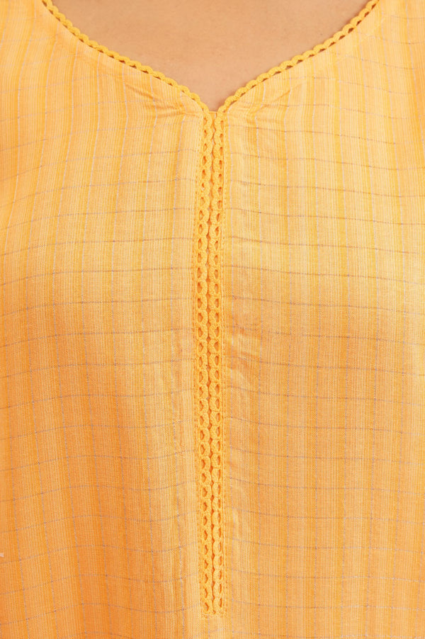 Yellow Textured Rayon Straight Kurta with Lace