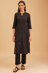 Black Striped Embroidered Cotton Straight Kurta