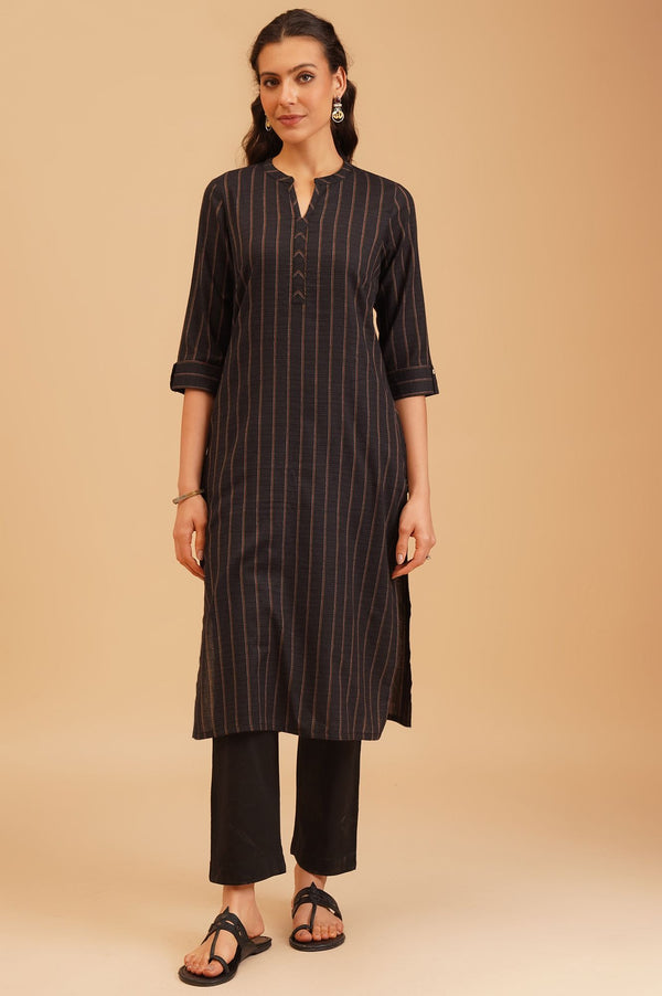 Black Striped Embroidered Cotton Straight Kurta