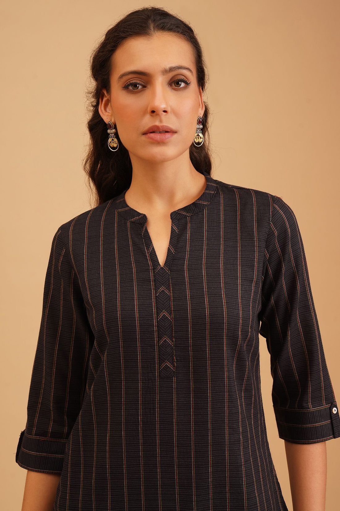 Black Striped Embroidered Cotton Straight Kurta