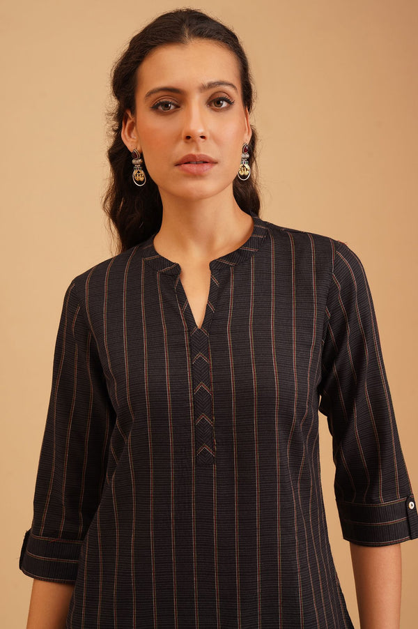 Black Striped Embroidered Cotton Straight Kurta