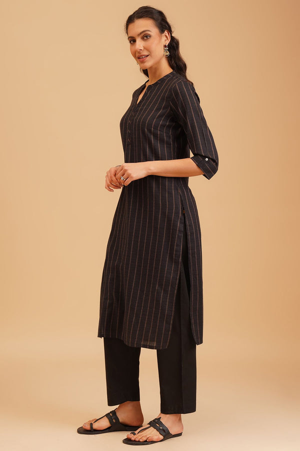 Black Striped Embroidered Cotton Straight Kurta