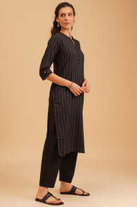 Black Striped Embroidered Cotton Straight Kurta