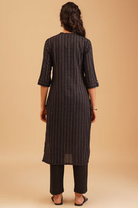 Black Striped Embroidered Cotton Straight Kurta