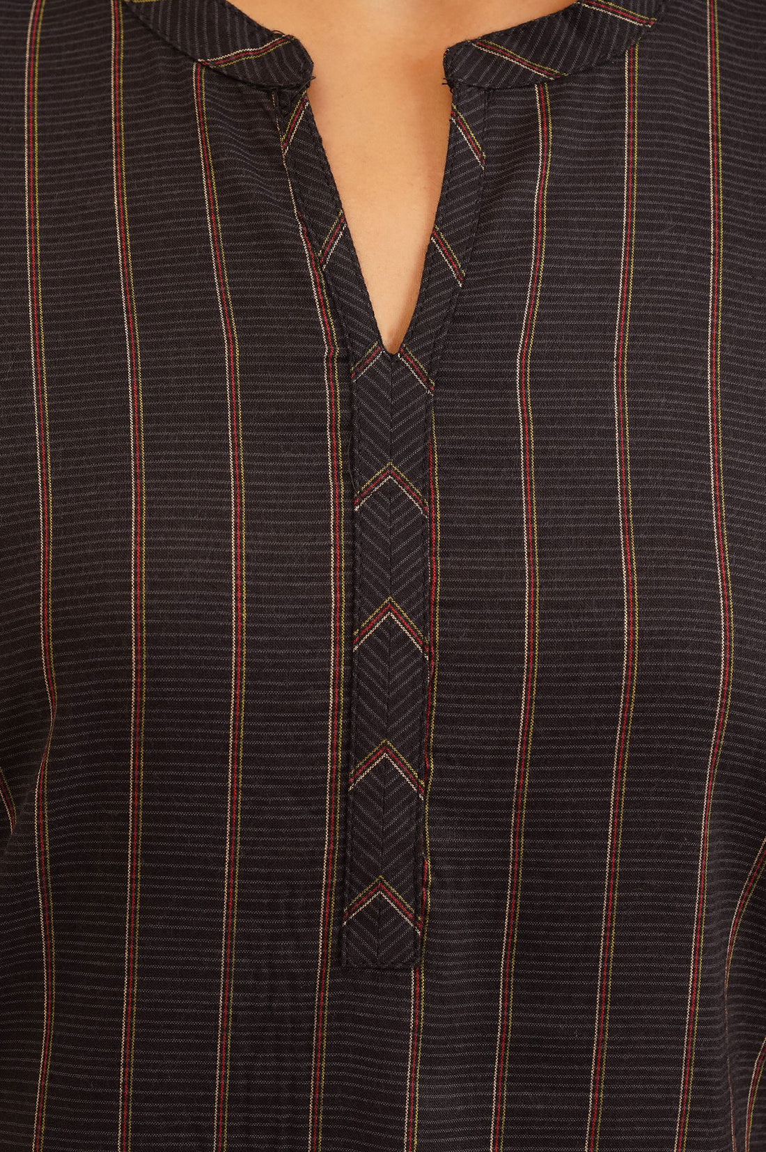 Black Striped Embroidered Cotton Straight Kurta