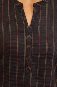 Black Striped Embroidered Cotton Straight Kurta