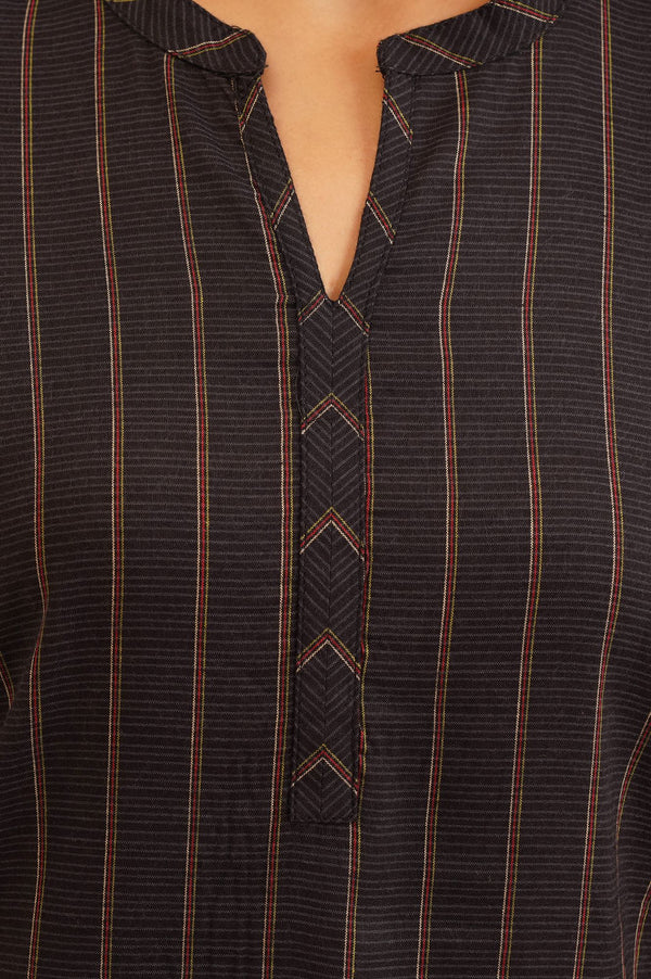 Black Striped Embroidered Cotton Straight Kurta