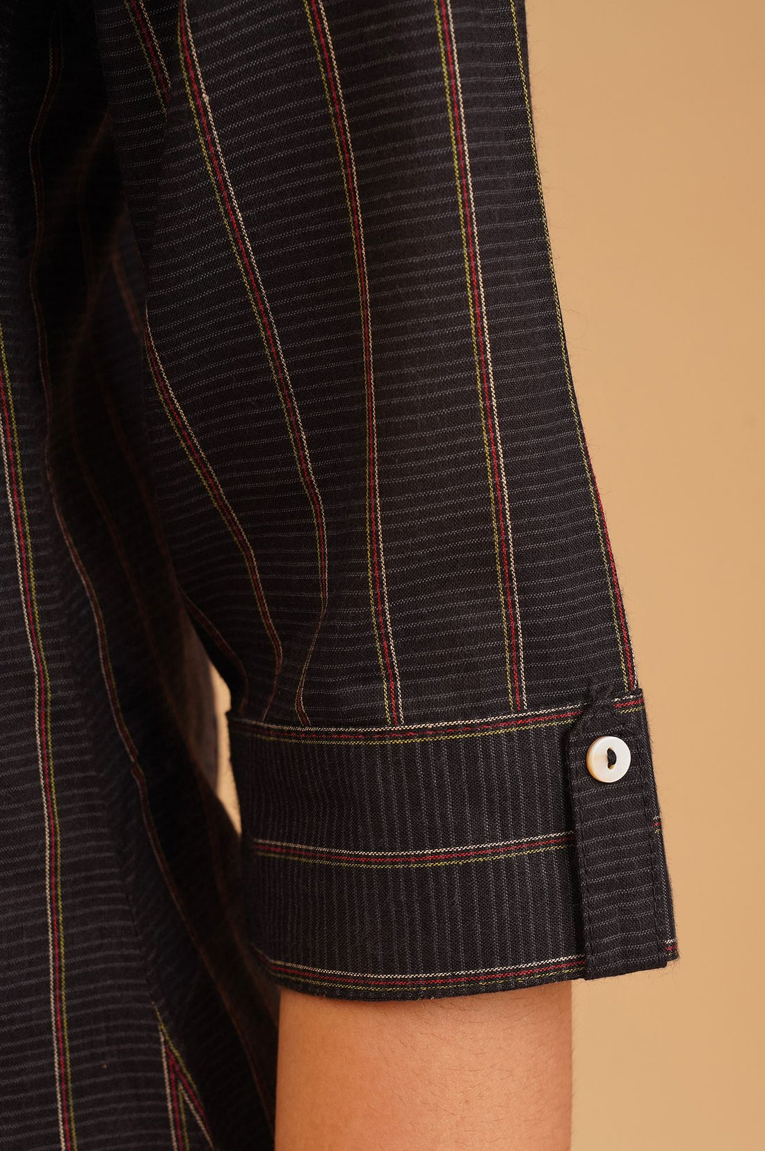 Black Striped Embroidered Cotton Straight Kurta