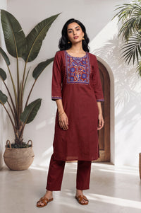 Maroon Embroidered Pure Cotton Straight Kurta