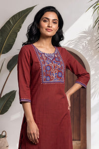 Maroon Embroidered Pure Cotton Straight Kurta
