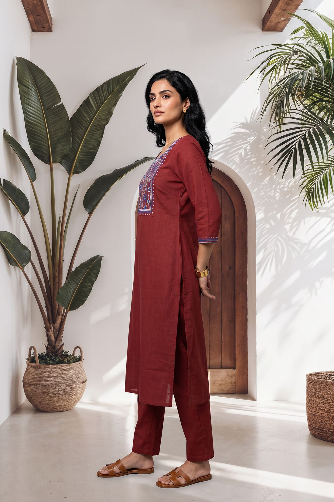 Maroon Embroidered Pure Cotton Straight Kurta