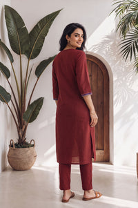 Maroon Embroidered Pure Cotton Straight Kurta