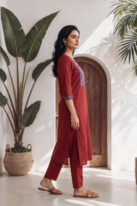 Maroon Embroidered Pure Cotton Straight Kurta