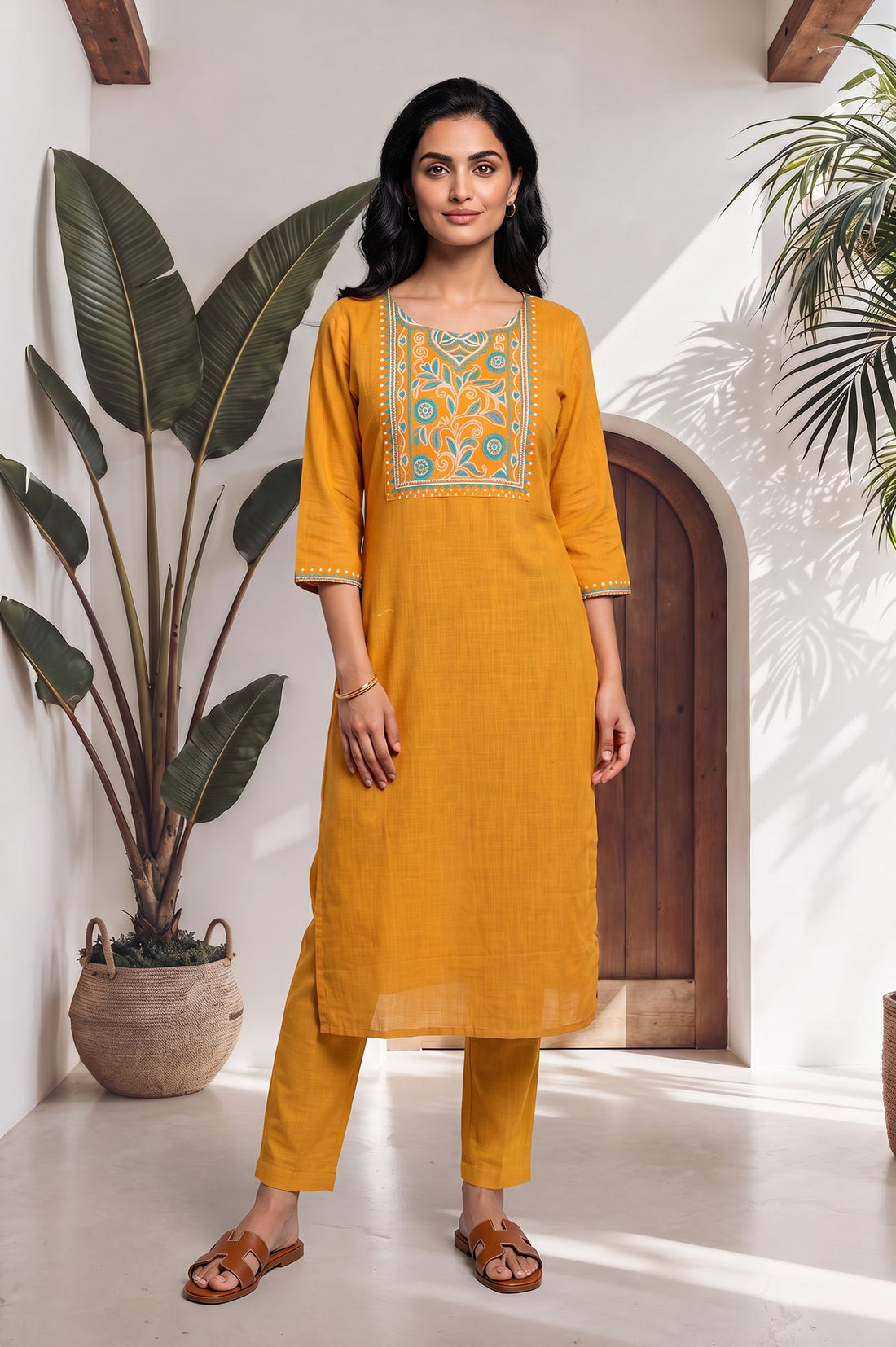 Mustard Embroidered Pure Cotton Straight Kurta