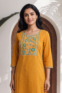 Mustard Embroidered Pure Cotton Straight Kurta