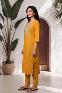 Mustard Embroidered Pure Cotton Straight Kurta