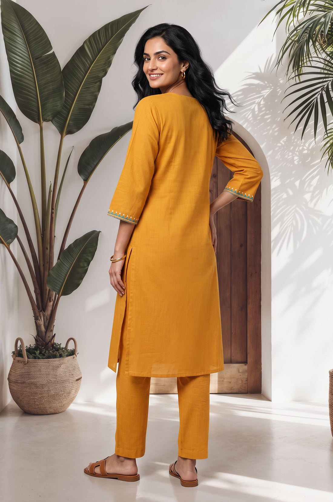 Mustard Embroidered Pure Cotton Straight Kurta