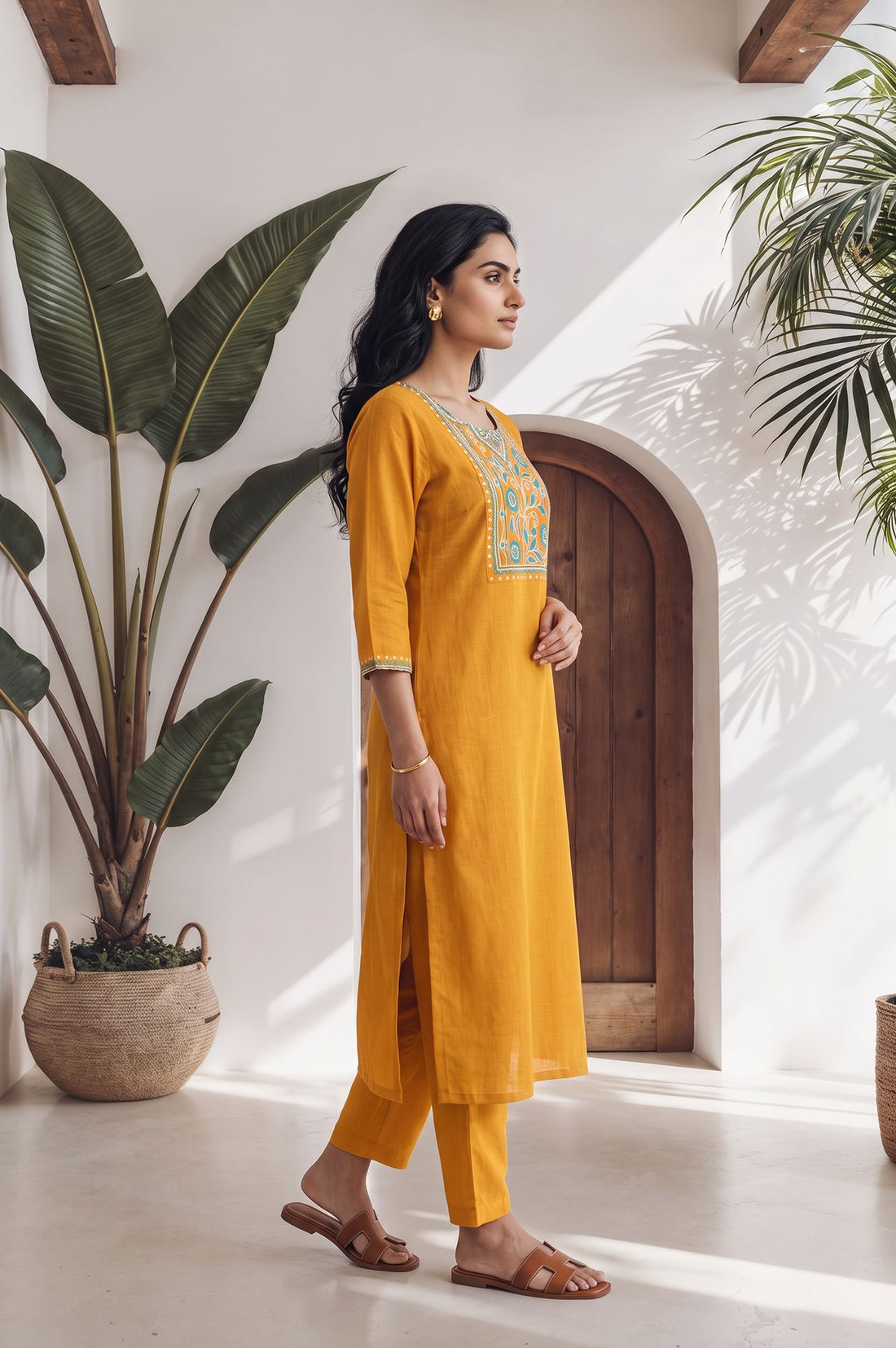 Mustard Embroidered Pure Cotton Straight Kurta