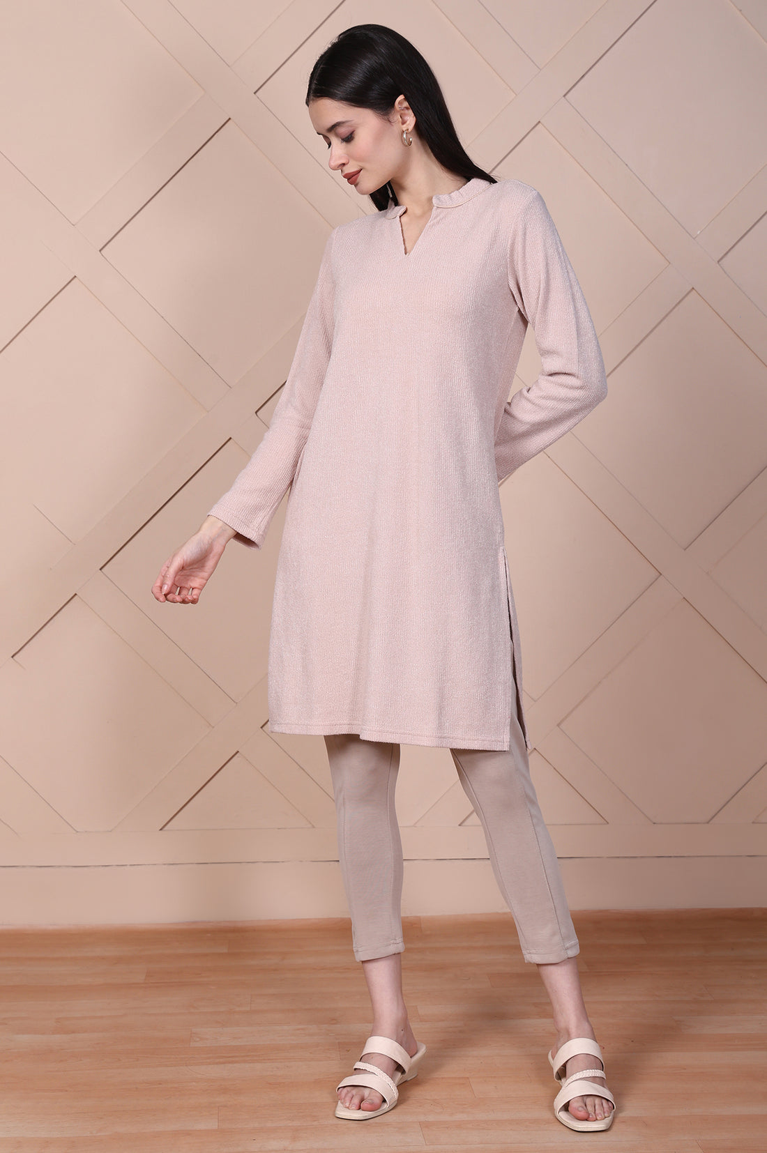 Beige Solid Straight Kurti