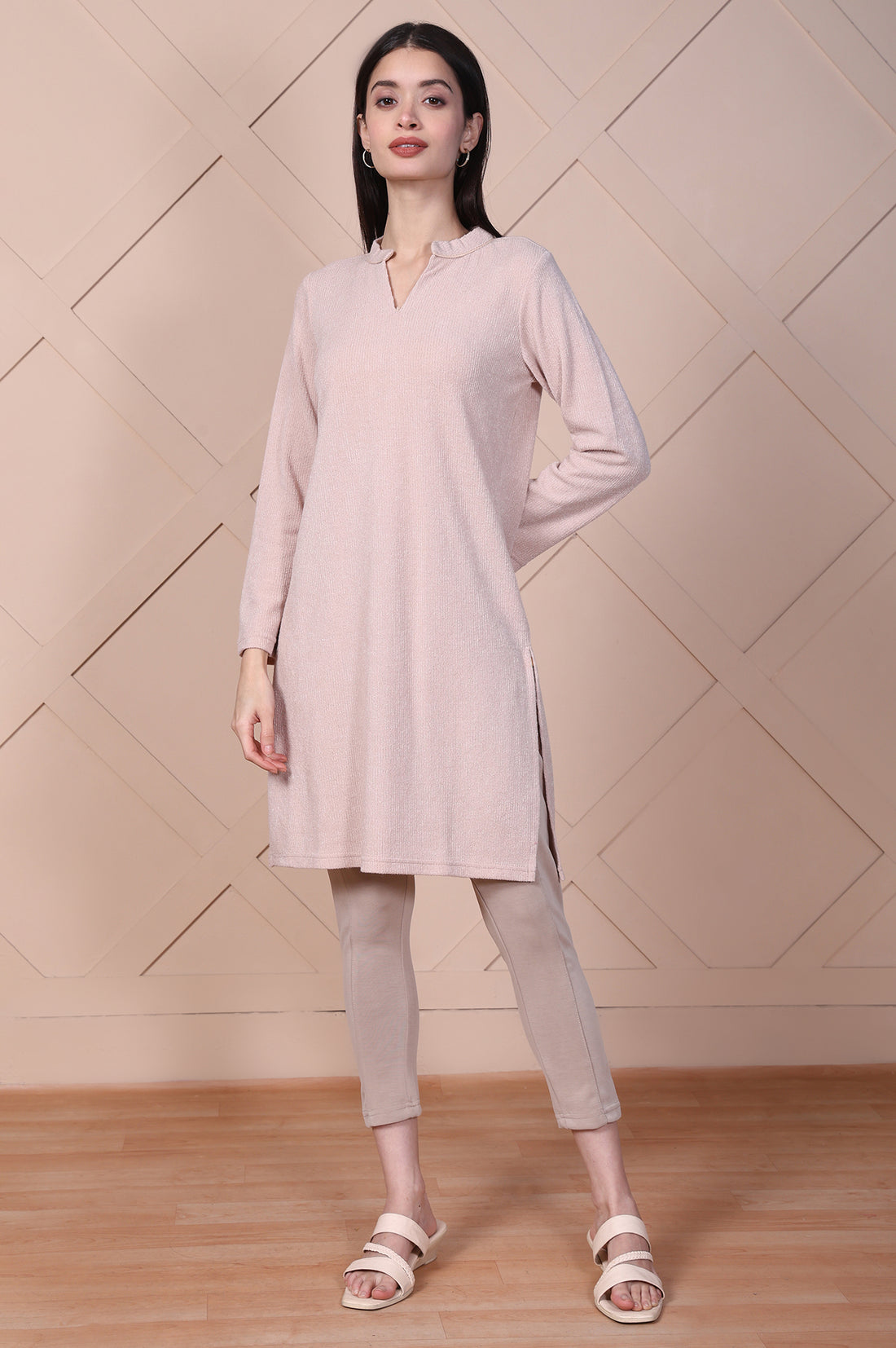 Beige Solid Straight Kurti