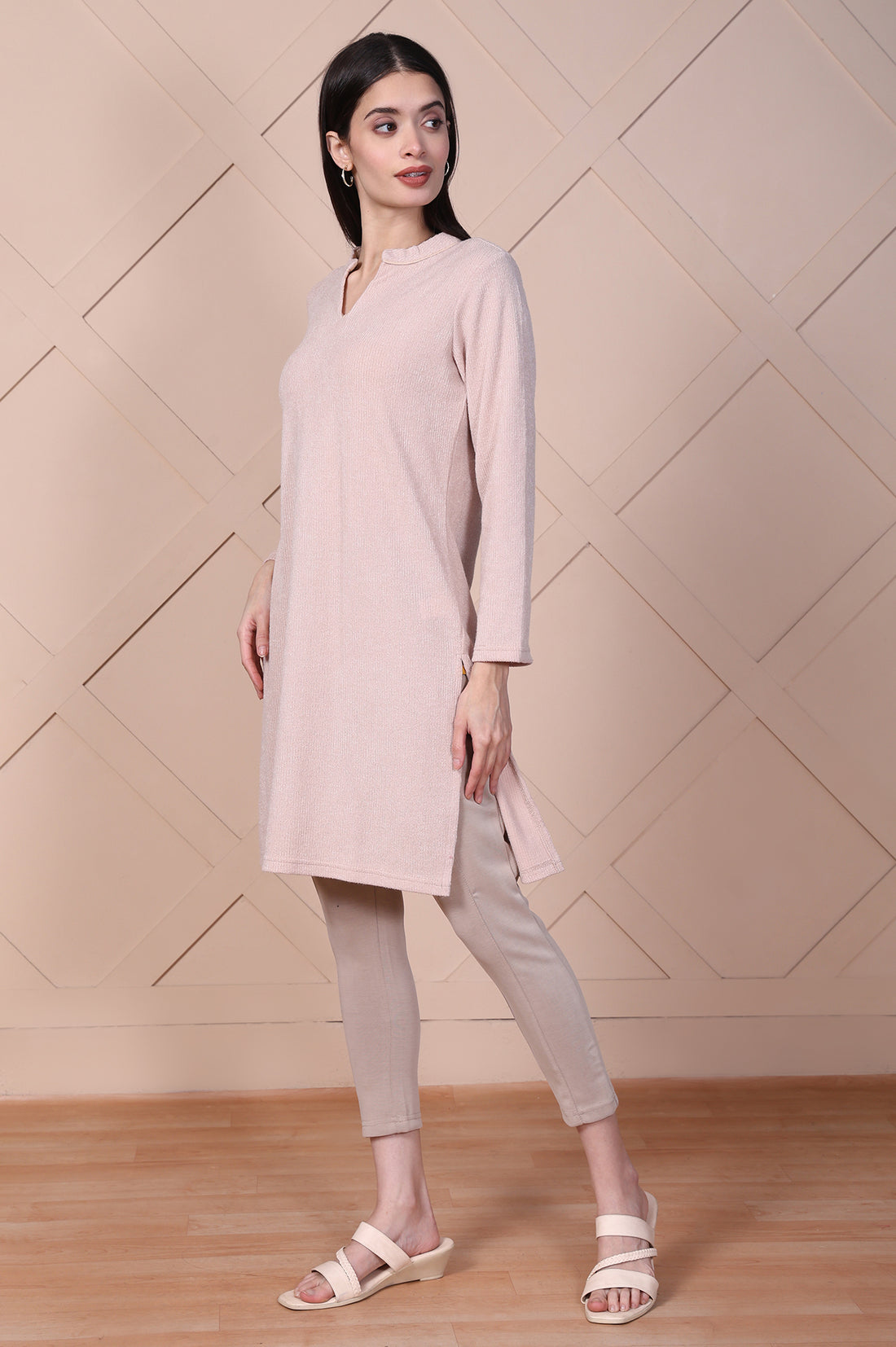 Beige Solid Straight Kurti