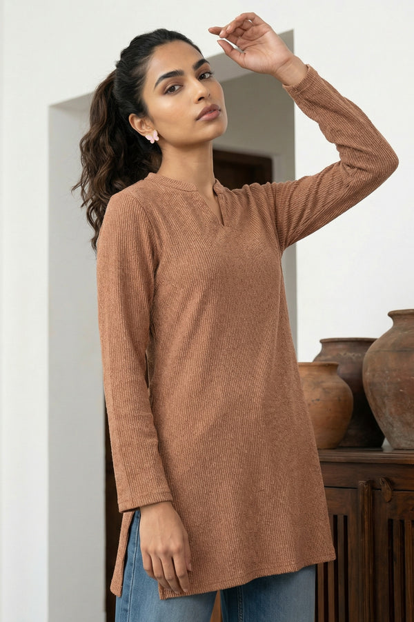 Brown Textured Straight Kurti