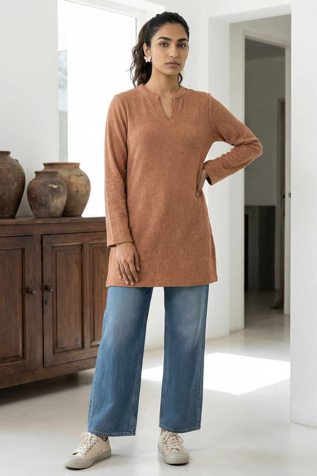 Brown Textured Straight Kurti