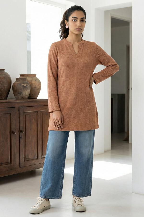 Brown Textured Straight Kurti