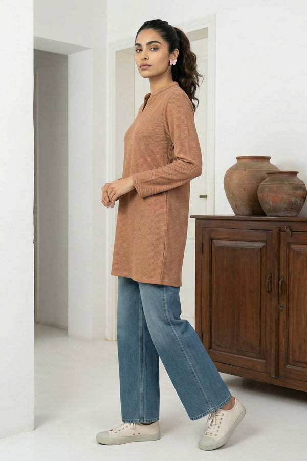 Brown Textured Straight Kurti