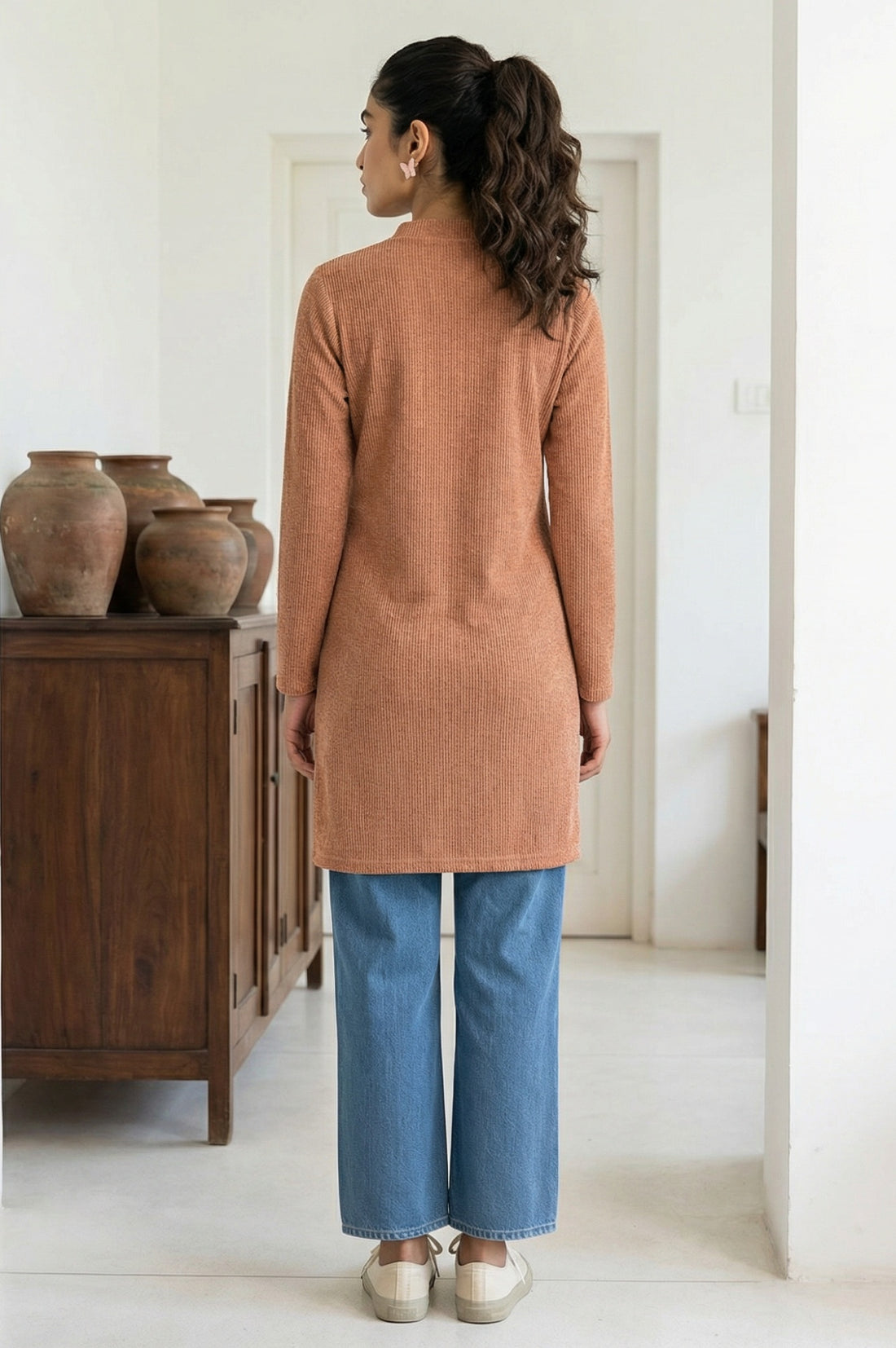 Brown Textured Straight Kurti