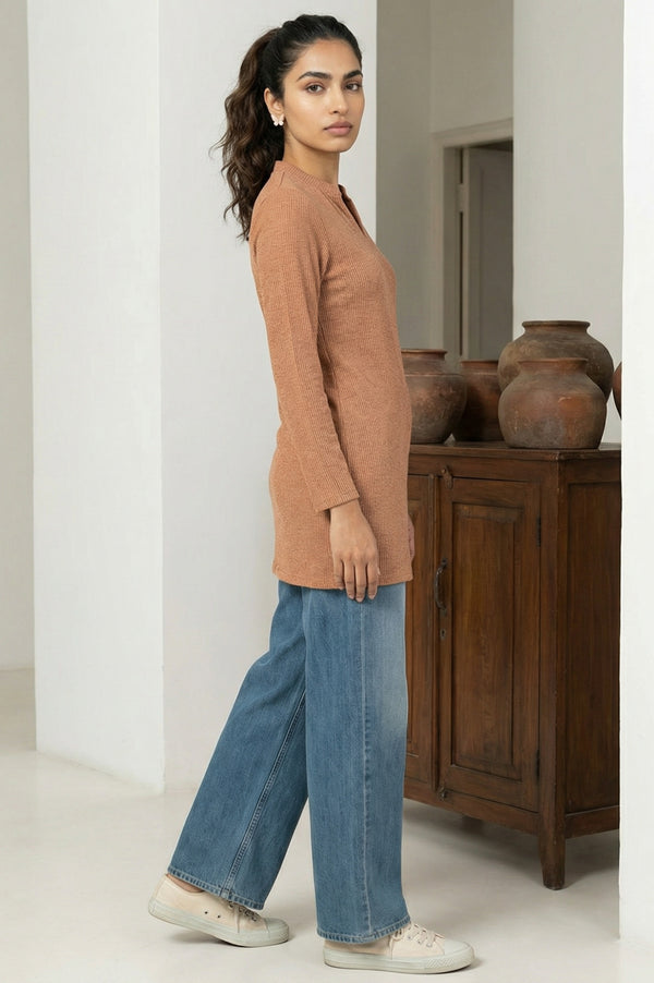 Brown Textured Straight Kurti