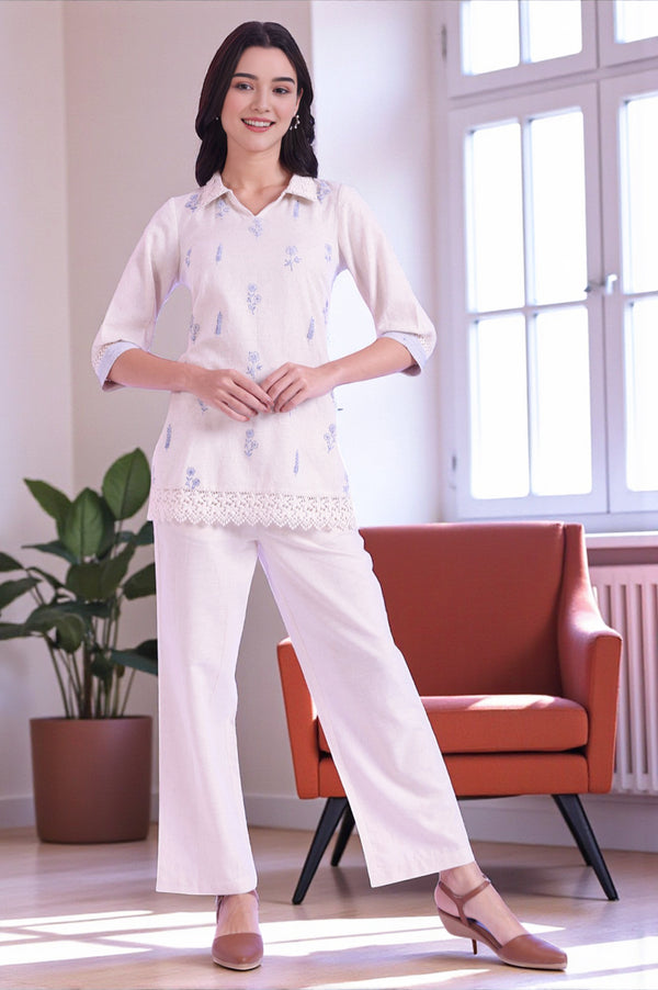 Off White Yarn Dyed Straight Cotton Blend Kurti