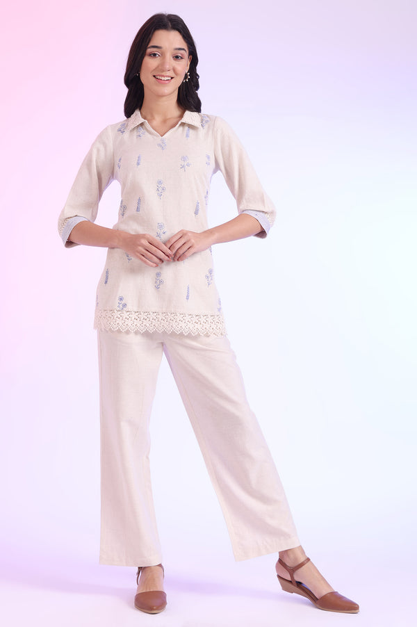 Off White Yarn Dyed Straight Cotton Blend Kurti