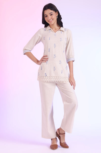 Off White Yarn Dyed Straight Cotton Blend Kurti