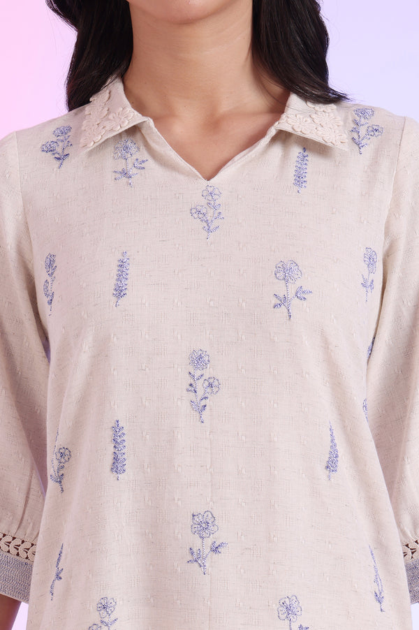 Off White Yarn Dyed Straight Cotton Blend Kurti