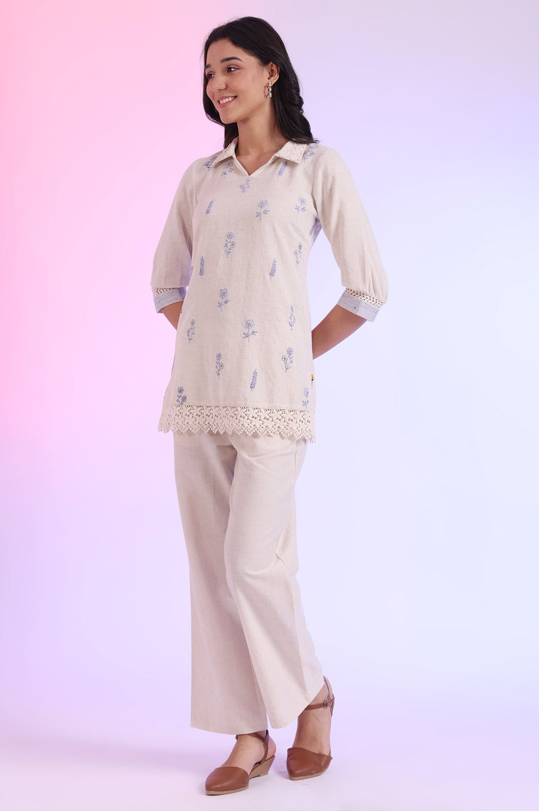 Off White Yarn Dyed Straight Cotton Blend Kurti