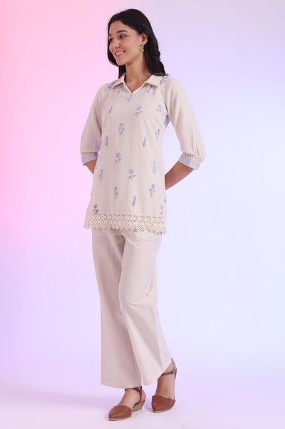 Off White Yarn Dyed Straight Cotton Blend Kurti