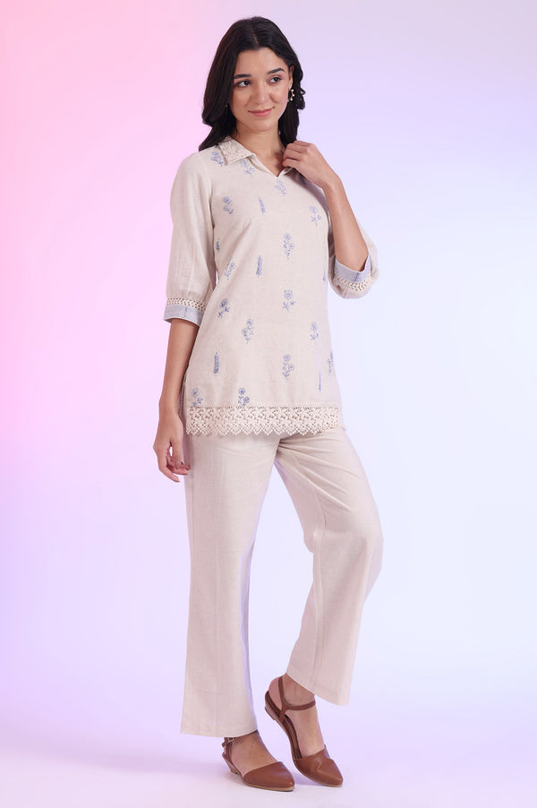 Off White Yarn Dyed Straight Cotton Blend Kurti