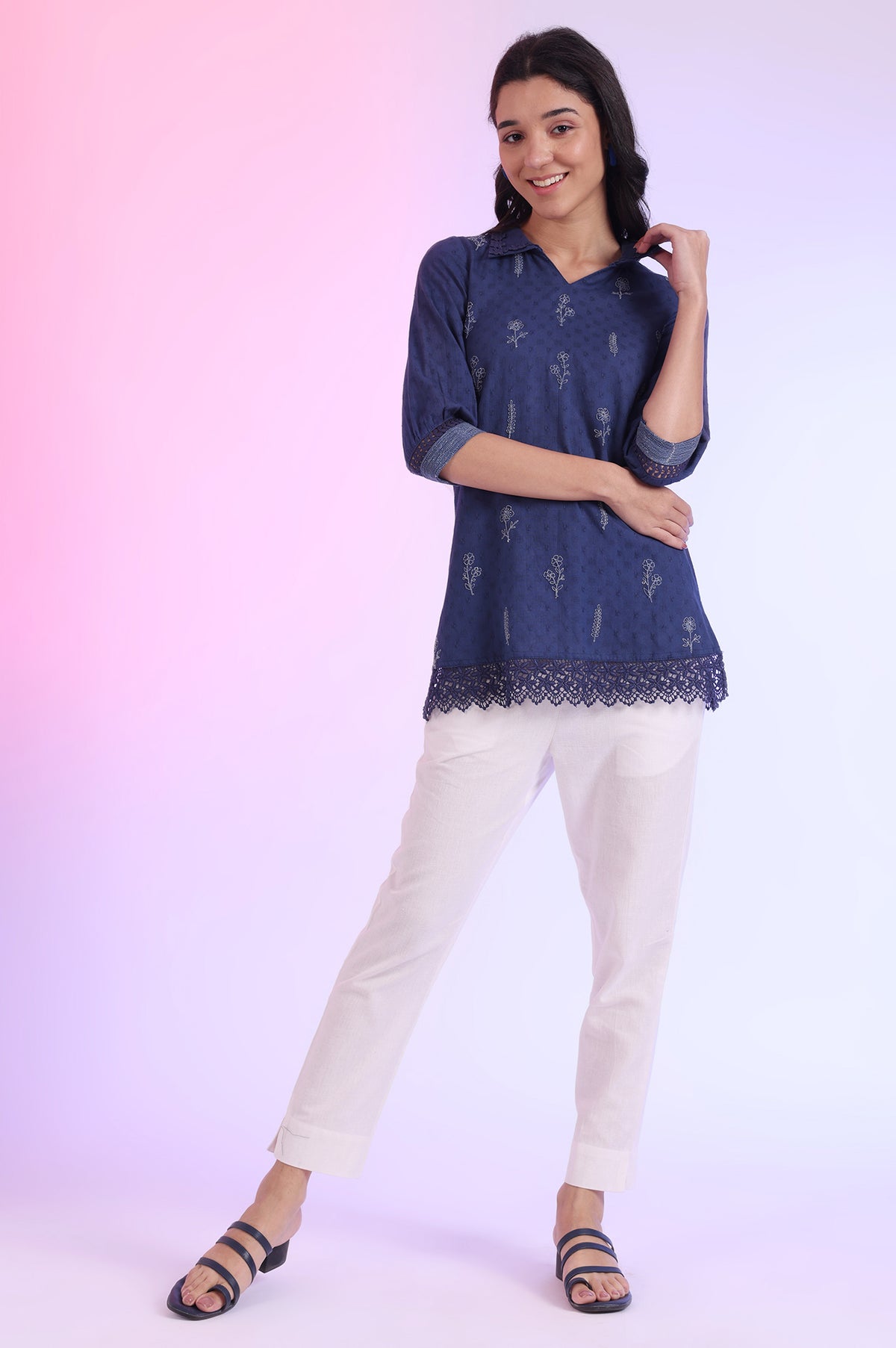 Blue Solid Straight Pure Cotton Kurti - XS