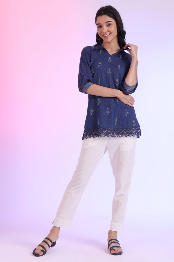 Blue Solid Straight Pure Cotton Kurti