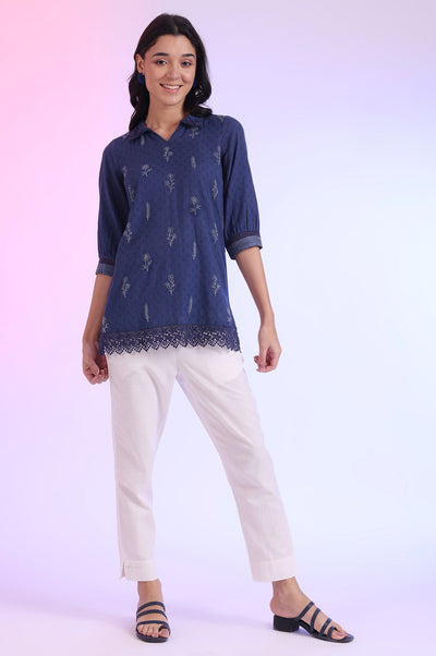 Blue Solid Straight Pure Cotton Kurti